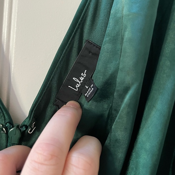 LULU’S Forest Green Satin Maxi Slip Dress Sz L - Picture 2 of 5